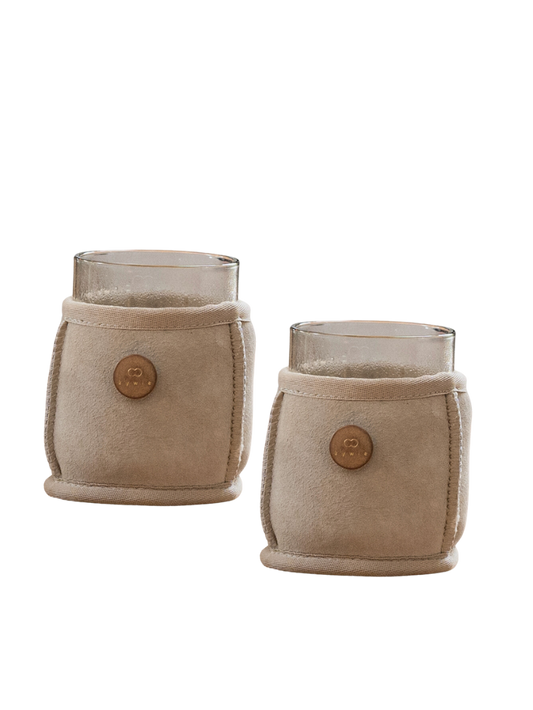 KYWIE Espresso Set Beige Suede: 2 Woolers and 2 upcycled glasses